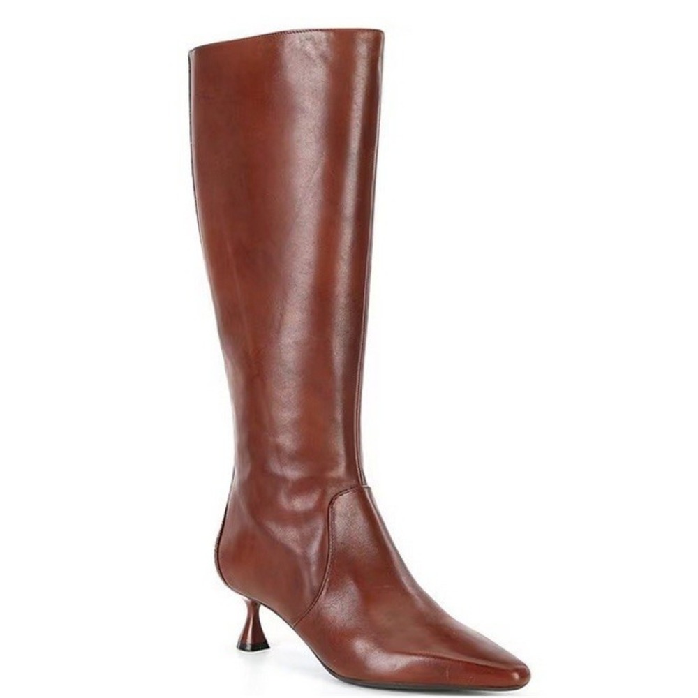 NEW Alex Marie Leather Knee High Boots Women 7 Brown Croc Kitten Heel Pointed